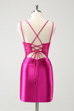 Glitter Fuchsia Ruched Corset Short Tight Homecoming Dresses with Lace Up Back