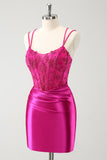 Glitter Fuchsia Ruched Corset Short Tight Homecoming Dresses with Lace Up Back