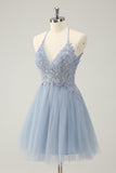 Cute Dusty Blue A Line Spaghetti Straps Beaded Short Homecoming Dress with Appliques