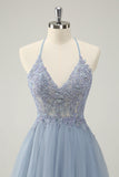 Cute Dusty Blue A Line Spaghetti Straps Beaded Short Homecoming Dress with Appliques