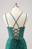 Glitter Dark Green Corset Spaghetti Straps Short Tight Homecoming Dresses
