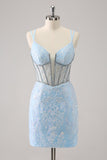 Glitter Dark Green Corset Spaghetti Straps Short Tight Homecoming Dresses
