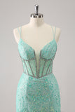 Glitter Dark Green Corset Spaghetti Straps Short Tight Homecoming Dresses