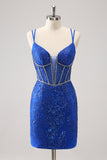 Glitter Dark Green Corset Spaghetti Straps Short Tight Homecoming Dresses