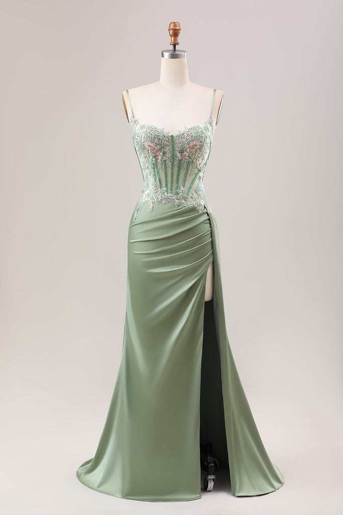 Wedtrend Women Stylish Sage Green Prom Dress With Slit Mermaid Pleated