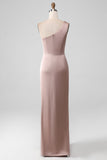 Dusty Rose Mermaid One Shoulder Pleated Satin Bridesmaid Dress With Slit