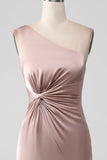 Dusty Rose Mermaid One Shoulder Pleated Satin Bridesmaid Dress With Slit