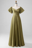 Olive A-Line Off The Shoulder Long Bridesmaid Dress with Short Sleeves