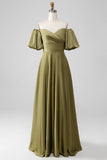 Olive A-Line Off The Shoulder Long Bridesmaid Dress with Short Sleeves