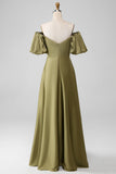 Olive A-Line Off The Shoulder Long Bridesmaid Dress with Short Sleeves