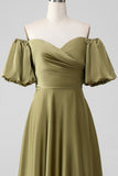 Olive A-Line Off The Shoulder Long Bridesmaid Dress with Short Sleeves