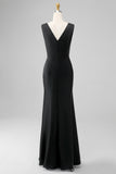Black Sheath V Neck Sleeveless Floor Length Satin Bridesmaid Dress
