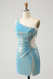 Sparkly Yellow Bodycon One Shoulder Hollow Out Pleated Metallic Homecoming Dress