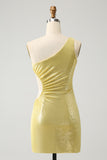 Sparkly Yellow Bodycon One Shoulder Hollow Out Pleated Metallic Homecoming Dress