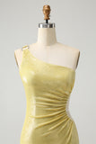 Sparkly Yellow Bodycon One Shoulder Hollow Out Pleated Metallic Homecoming Dress