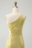 Sparkly Yellow Bodycon One Shoulder Hollow Out Pleated Metallic Homecoming Dress