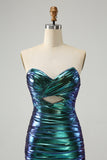 Chic Teal Blue Strapless Keyhole Pleated Tight Metallic Homecoming Dress