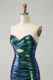 Chic Teal Blue Strapless Keyhole Pleated Tight Metallic Homecoming Dress