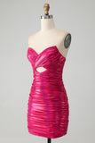 Chic Teal Blue Strapless Keyhole Pleated Tight Metallic Homecoming Dress