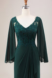 Dark Green Mermaid V Neck Beaded Mother of the Bride Dress With Long Sleeves
