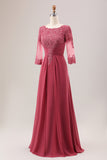 Terracotta A Line Pleated Applique Mother of the Bride Dress With Long Sleeves