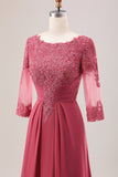 Terracotta A Line Pleated Applique Mother of the Bride Dress With Long Sleeves