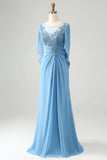Blue Mermaid Beaded Cap Sleeves Mother of the Bride Dress with Appliques