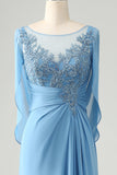 Blue Mermaid Beaded Cap Sleeves Mother of the Bride Dress with Appliques