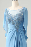 Blue Mermaid Beaded Cap Sleeves Mother of the Bride Dress with Appliques