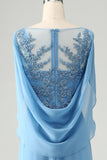 Blue Mermaid Beaded Cap Sleeves Mother of the Bride Dress with Appliques