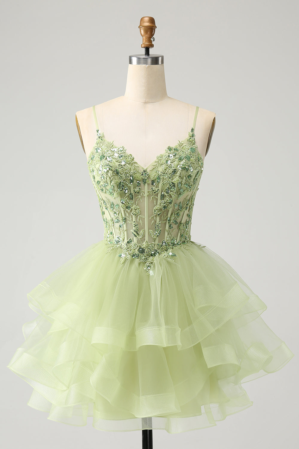 Wedtrend Women Sparkly Light Green Homecoming Dress Appliques A Line Spaghetti Straps Corset Short Tiered Cocktail Dress WEDTREND Wedtrend Women Sparkly Light Green Homecoming Dress Appliques A Line Spaghetti Straps Corset Short Tiered Cocktail Dress WEDTREND