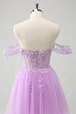Sparkly Lilac A Line Off the Shoulder Corset Sequin Short Homecoming Dress
