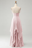 A Line Spaghetti Straps Chiffon Long Eucalyptus Bridesmaid Dress with Ruffles