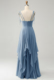 A Line Spaghetti Straps Chiffon Long Bridesmaid Dress with Ruffles