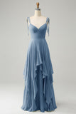 A Line Spaghetti Straps Chiffon Long Bridesmaid Dress with Ruffles