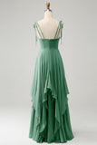 A Line Spaghetti Straps Chiffon Long Bridesmaid Dress with Ruffles