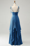 A Line Spaghetti Straps Chiffon Long Bridesmaid Dress with Ruffles