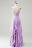 A Line Spaghetti Straps Chiffon Long Bridesmaid Dress with Ruffles
