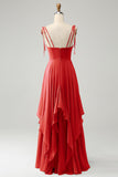 A Line Spaghetti Straps Chiffon Long Bridesmaid Dress with Ruffles