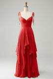 A Line Spaghetti Straps Chiffon Long Bridesmaid Dress with Ruffles