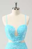 Sparkly Light Blue Spaghetti straps Sequins Tight Homecoming Dress