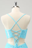 Sparkly Light Blue Spaghetti straps Sequins Tight Homecoming Dress