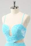 Sparkly Light Blue Spaghetti straps Sequins Tight Homecoming Dress