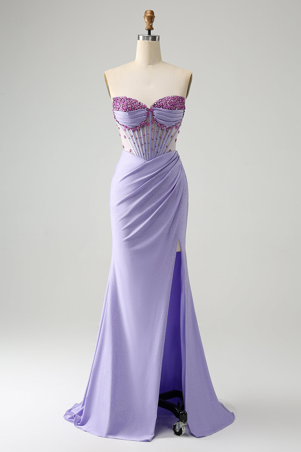 Wedtrend Women Light Purple Prom Dress with Slit Mermaid Strapless Ruched Beaded Corset Evening Dress WEDTREND Wedtrend Women Light Purple Prom Dress with Slit Mermaid Strapless Ruched Beaded Corset Evening Dress WEDTREND