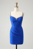Royal Blue Glitter Corset Spaghetti straps Tight Homecoming Dress with Beading