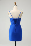 Royal Blue Glitter Corset Spaghetti straps Tight Homecoming Dress with Beading
