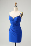 Royal Blue Glitter Corset Spaghetti straps Tight Homecoming Dress with Beading