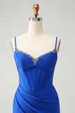 Royal Blue Glitter Corset Spaghetti straps Tight Homecoming Dress with Beading