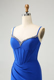 Royal Blue Glitter Corset Spaghetti straps Tight Homecoming Dress with Beading