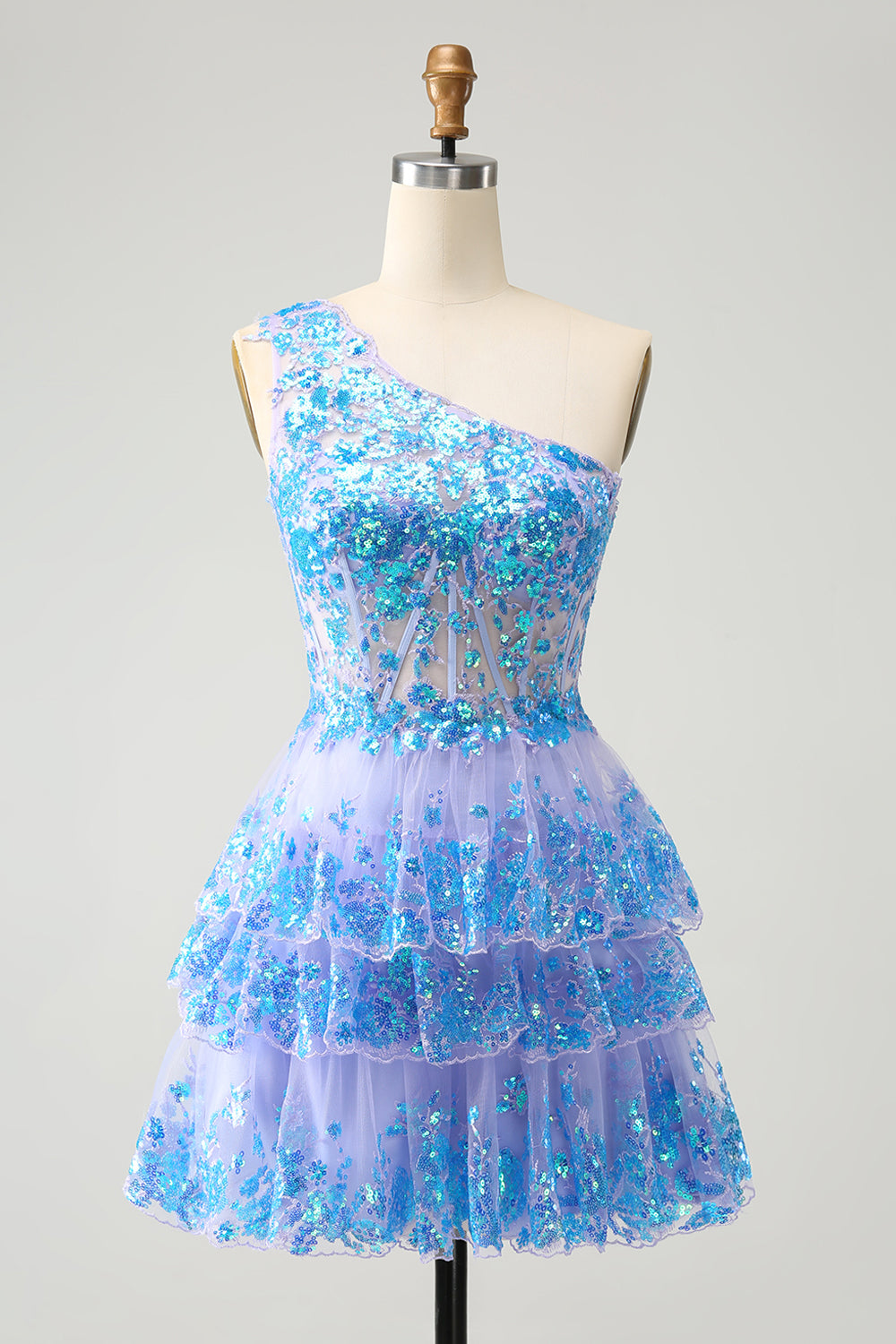Wedtrend Women Glitter Light Blue Tiered Homecoming Dress A Line One Shoulder Corset Short Cocktail Dress WEDTREND Wedtrend Women Glitter Light Blue Tiered Homecoming Dress A Line One Shoulder Corset Short Cocktail Dress WEDTREND